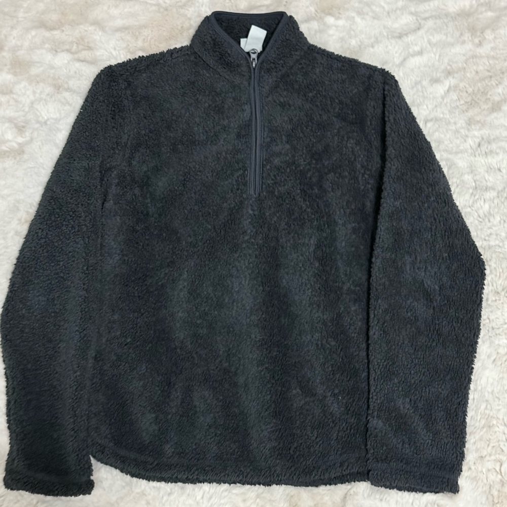 H&M Black and Gray Teddy Jacket with Plush Texture and Quarter-Zip Design